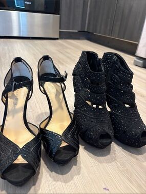 Gianni Bini Black Studded Cutout Peep-Toe Booties & Strappy Heels Duo